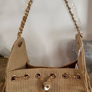 Woven Straw Shoulder Bag with Gold Chain - Tan
